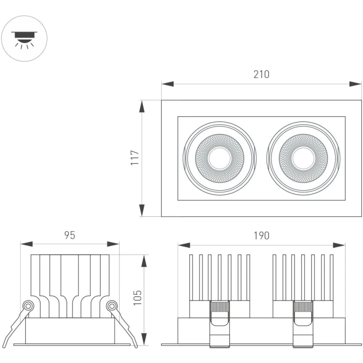 Встраиваемый карданный светильник Arlight MS-VORTEX-BUILT-S210x117-2x20W Warm3000 (WH-WH, 20 deg, 230V) (IP20 Металл) 057762