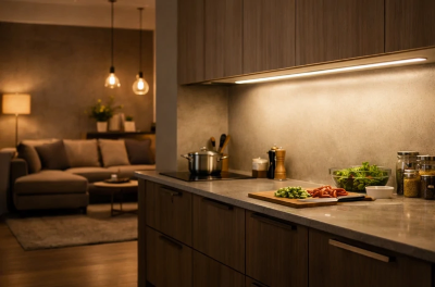 Сценарии освещения кухни-гостиной: логика уровней света