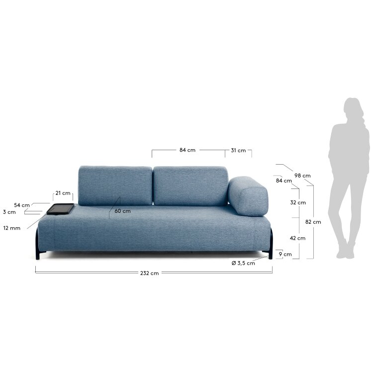 Синий 3-местный диван Compo с маленьким подносом 232 см