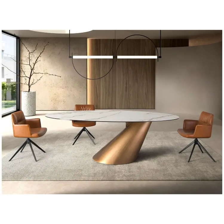 Овальный обеденный стол 1160 из керамики в мраморной отделке и стали бронзового цвета