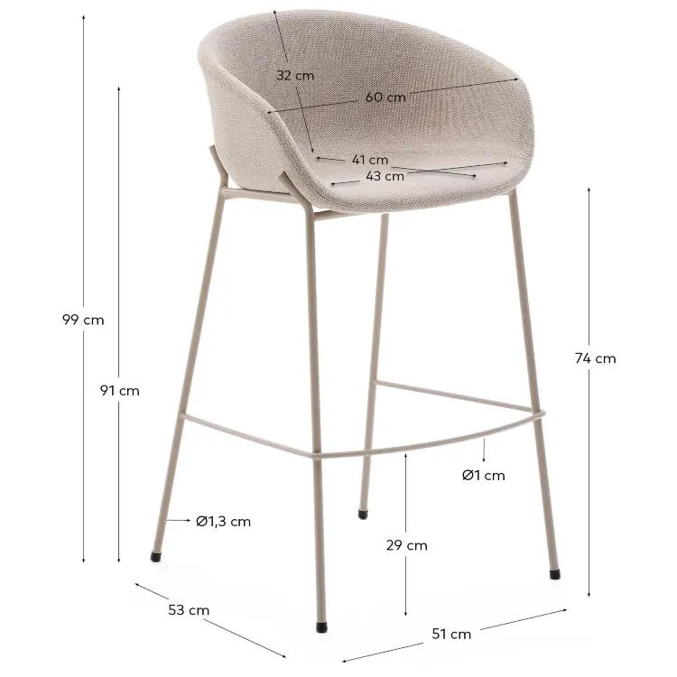 Барный стул Yvette из бежевого шенилла с бежевыми стальными ножками 75 см