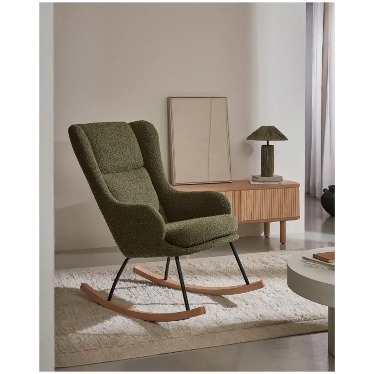Maustin Кресло-качалка из темно-зеленой овчины со стальной конструкцией и деревом бука