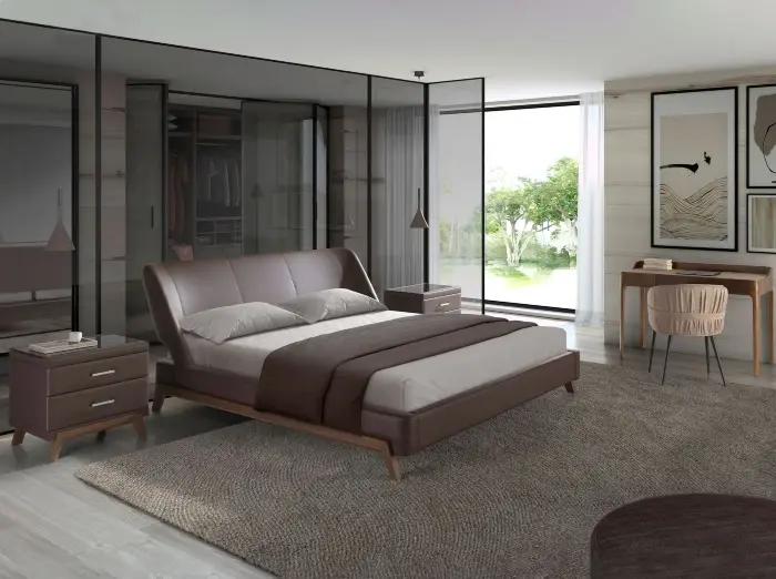 Прикроватная тумбочка 7162/GNS576 из ореха, коричневой экокожи и черного стекла