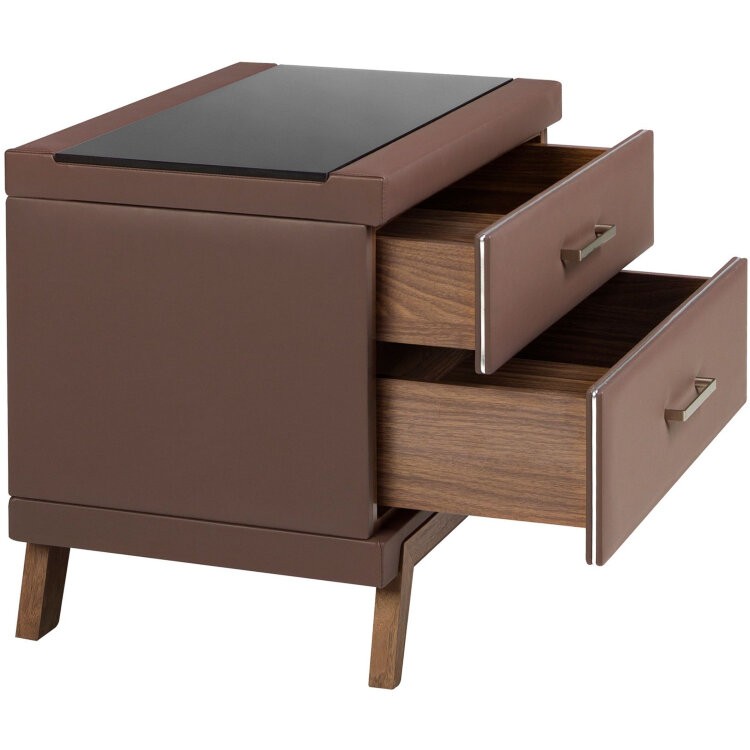 Прикроватная тумбочка 7162/GNS576 из ореха, коричневой экокожи и черного стекла