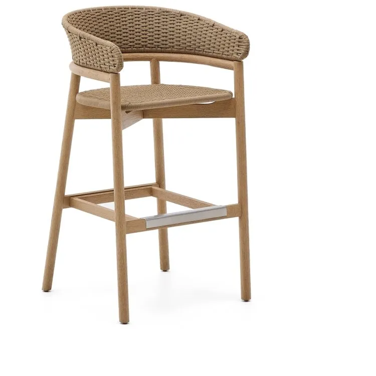 Барный стул Arinella из массива акации с натуральной отделкой и бежевой веревкой, высота 75 см