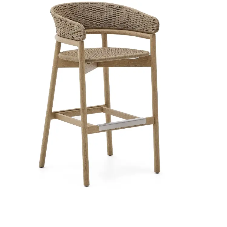 Барный стул Arinella из массива акации с натуральной отделкой и бежевой веревкой, высота 75 см