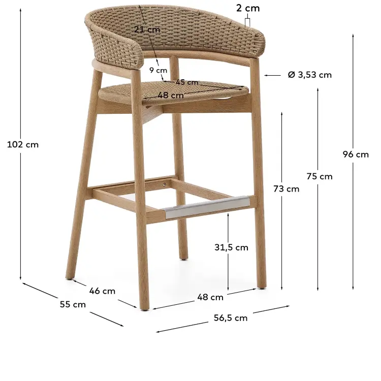 Барный стул Arinella из массива акации с натуральной отделкой и бежевой веревкой, высота 75 см