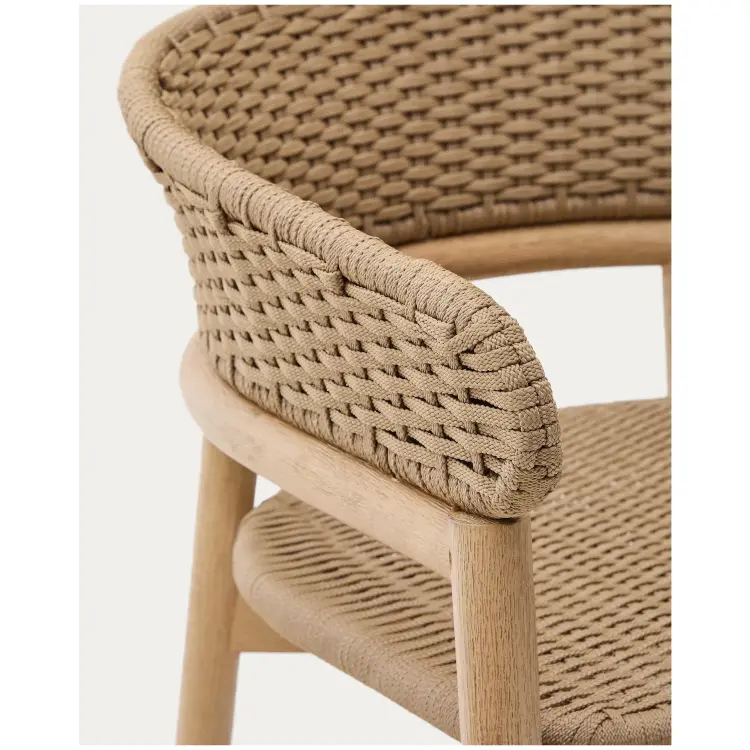 Барный стул Arinella из массива акации с натуральной отделкой и бежевой веревкой, высота 75 см