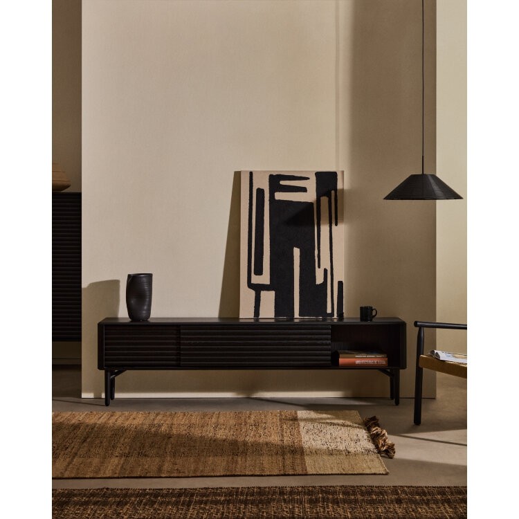 Тумба под телевизор Lenon, 2 дверцы черная из массива и шпона дуба