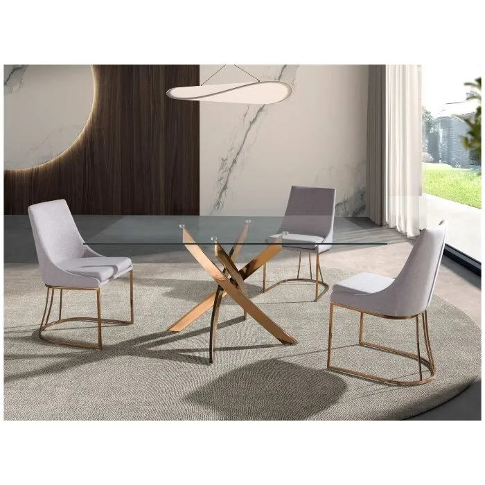 Прямоугольный обеденный стол 1169 из стекла и стали цвета розового золота 180x95