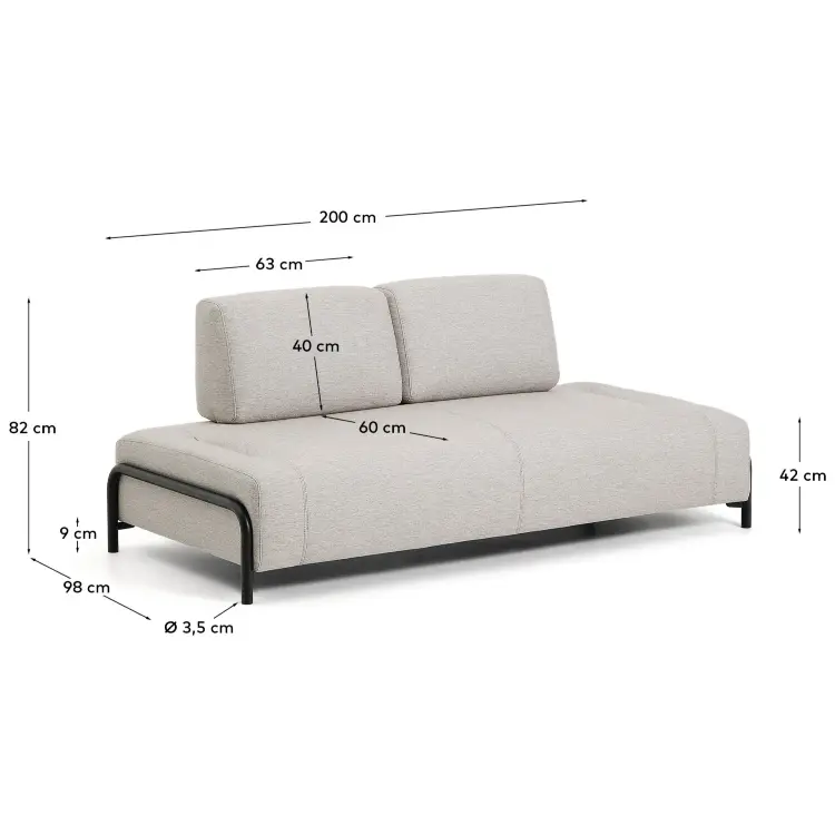 2-местный модуль дивана Compo из шенилла серо-бежевого цвета с черным каркасом, 200 см