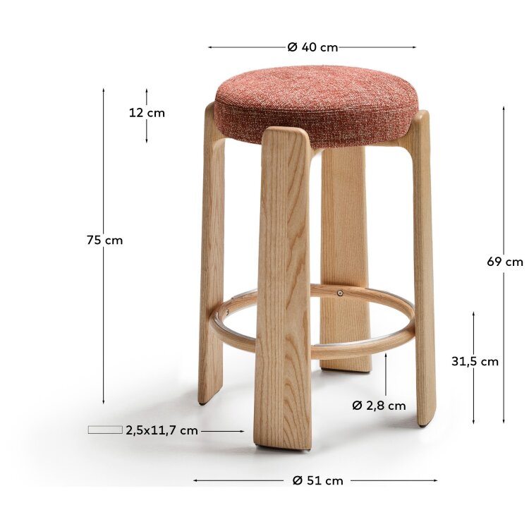 Granite Барный табурет из терракотового шенилла и массива ясеня в натуральной отделке 75 см