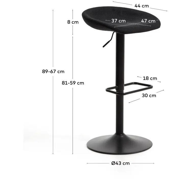 Барный табурет Danua из черной синели и матовой черной стали, 68-89 см