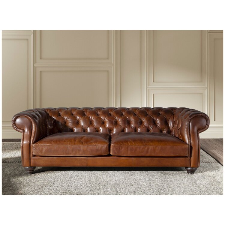Диван Chester 3-местный из коньячно-коричневой кожи, модель 6228
