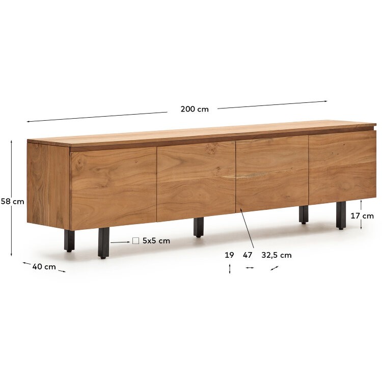 Тумба под телевизор Uxue с 4 дверцами из массива акации с беленой отделкой 200 x 58 см