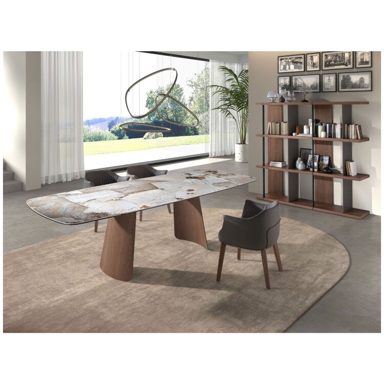 Раздвижной обеденный стол 1186 с столешницей из керамики  и основанием из шпона ореха