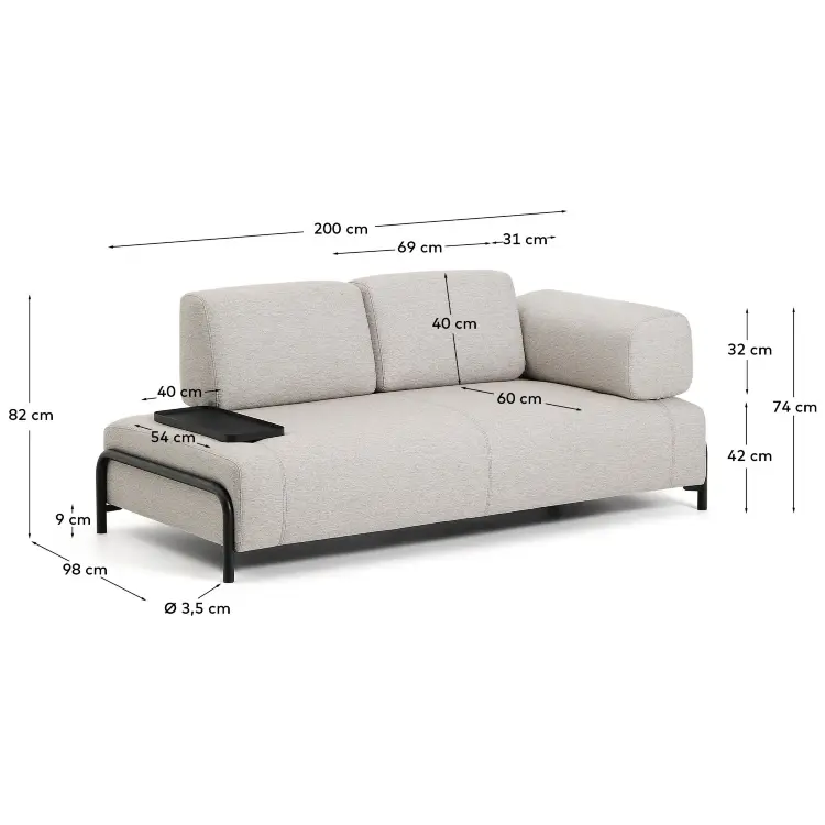 2-местный диван Compo серо-бежевого цвета с малым журнальным столиком и чёрным каркасом