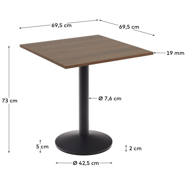 Esilda Стол из меламина с ореховой отделкой и черной металлической ножкой 70 x 70 x 70 см