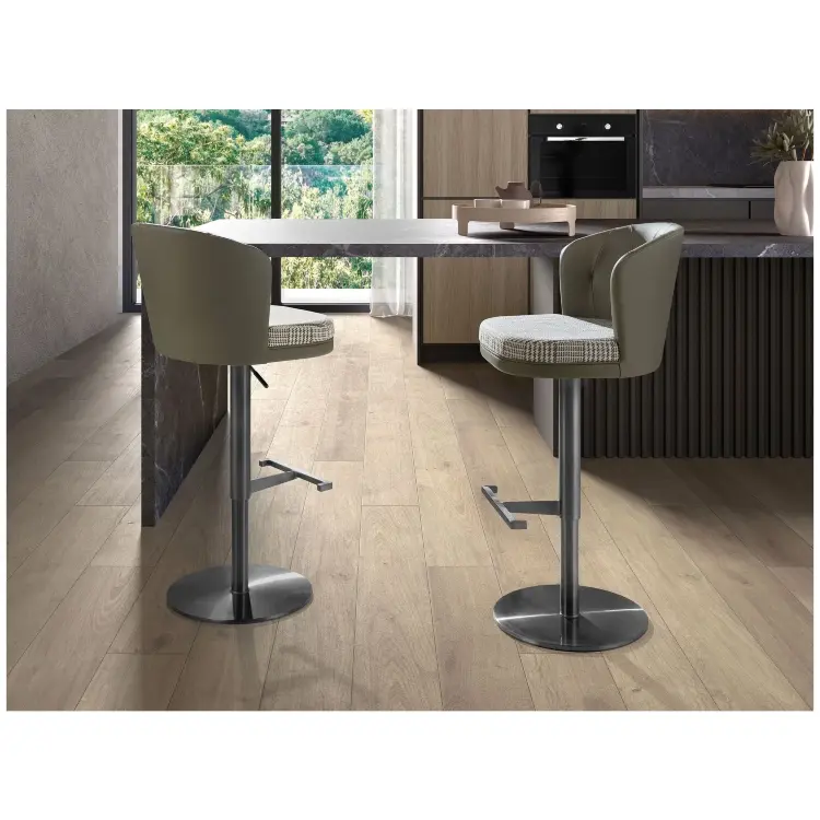 Поворотный барный стул 4228 из бело-зеленой ткани и оливковой экокожи