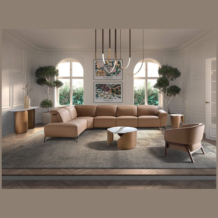 Диван модульный 5-ти местный 6281 с левым шезлонгом из светло-коричневой кожи