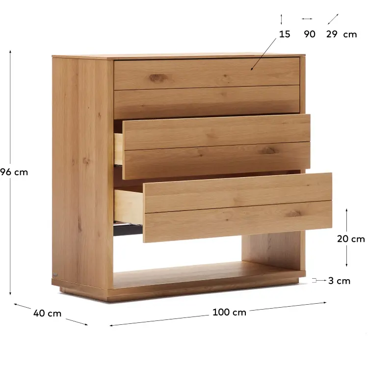 Alguema Комод с 3 ящиками из дубового шпона с натуральной отделкой 100 x 97 см
