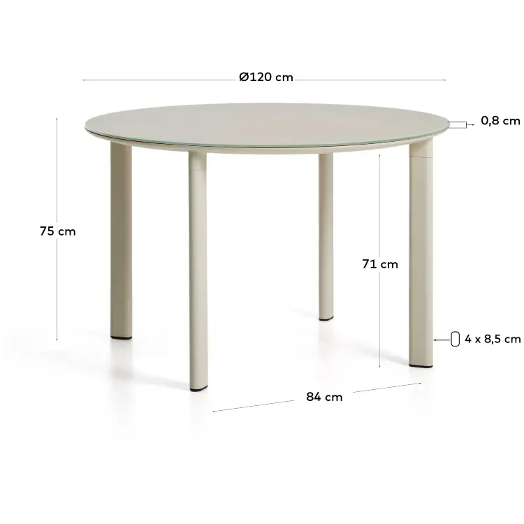 Уличный стол Erice из алюминия и закаленного стекла цвета экрю, 120 см