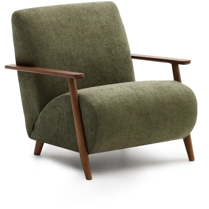 Кресло Meghan из зеленого шенилла и массива ясеня с отделкой под орех