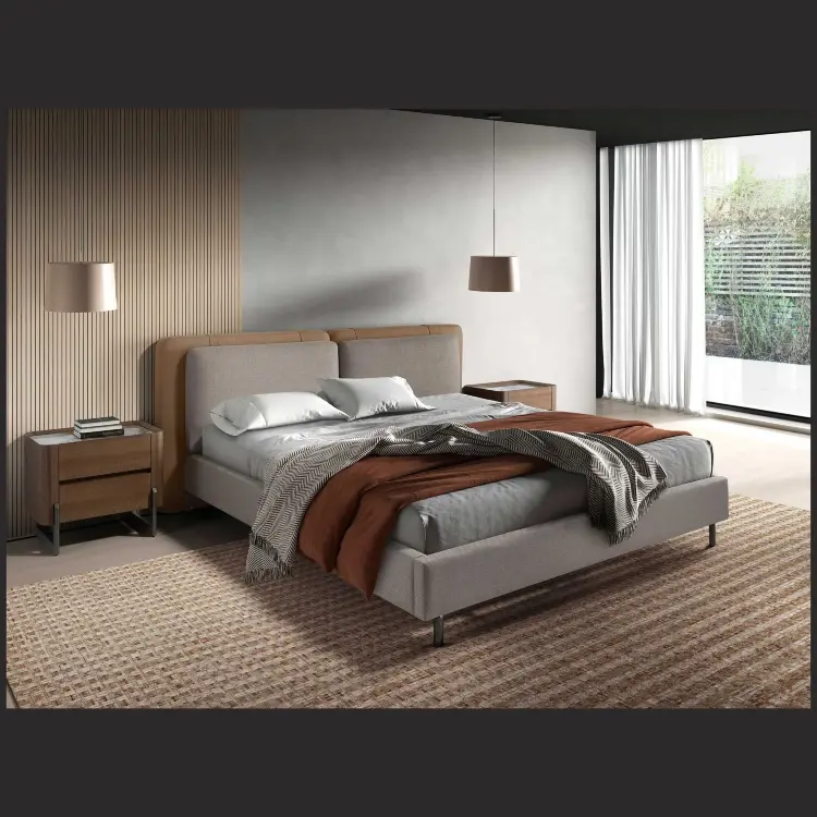 Кровать 7154/GC2220 из экокожи цвета норки и серой ткани