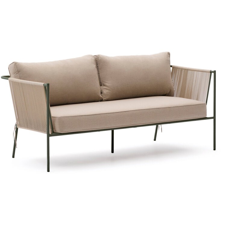 Уличный 2-х местный диван Zivia из веревки цвета экрю и стали зеленого цвета