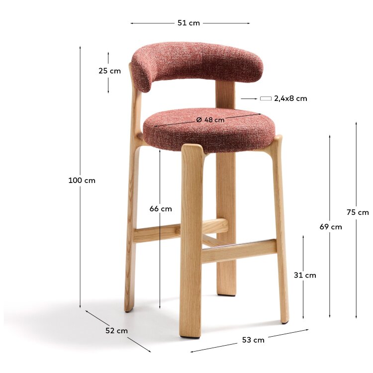 Барный стул Granite из терракотовой синели и ясеня с натуральной отделкой 75 см