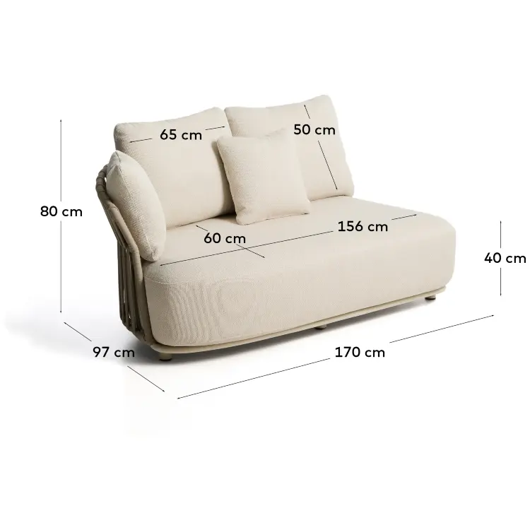 Двухместный модуль уличного дивана Osani из алюминия экрю и веревки цвета таупе 170 см