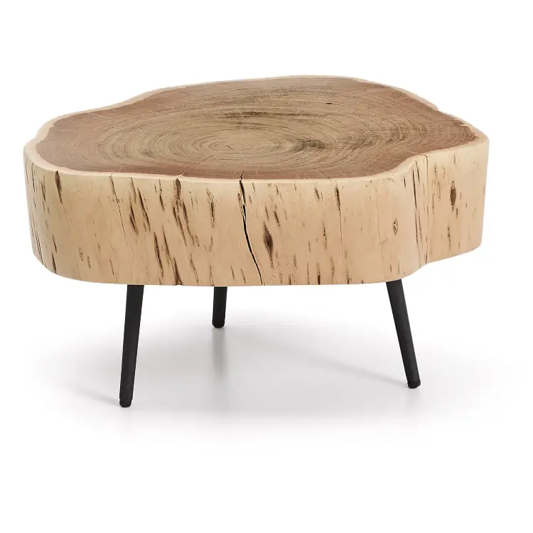 Журнальный столик Tavine из массива акации с выбеленной отделкой и черными стальными ножками Ø49 см