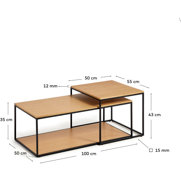 Yoana Набор из 2 столиков из дубового шпона и черного металла