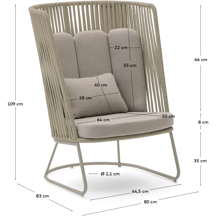 Уличное кресло Saconca с высокой спинкой из бежевой веревки и стали