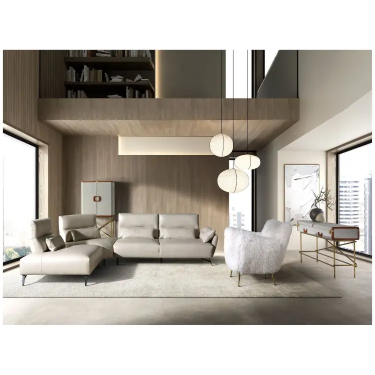 5-местный диван с левым шезлонгом 6214 из песочной кожи