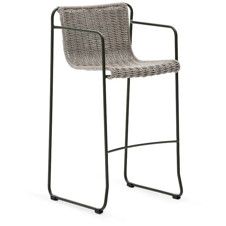 Барный стул Maurina из оцинкованной зеленой стали и веревки серого цвета и экрю, высота 74,5 см