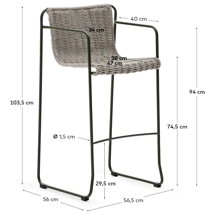 Барный стул Maurina из оцинкованной зеленой стали и веревки серого цвета и экрю, высота 74,5 см