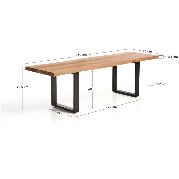 Скамейка Uxue из массива акации с черными стальными ножками, 160 x 45 см