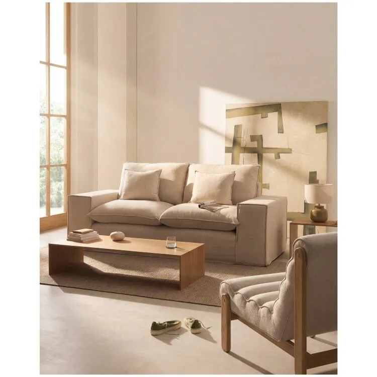 Anarela бежевый льняной диван 2-местный со съемным чехлом и подушками 240 см