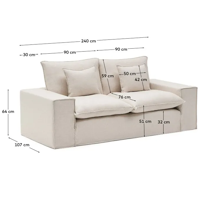 Anarela бежевый льняной диван 2-местный со съемным чехлом и подушками 240 см