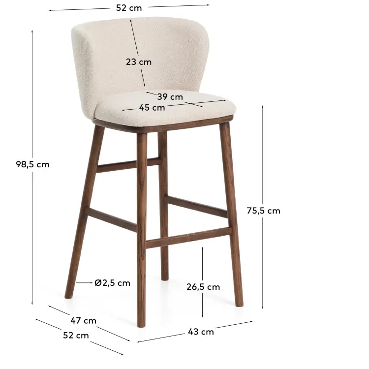 Барный стул Ciselia из бежевого шенилла с ножками из ясеня в отделке орех