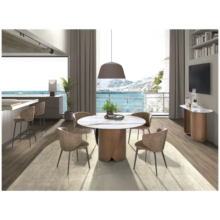 Круглый обеденный стол 1182 с керамической столешницей и стальным основанием бронзового цвета Ø140