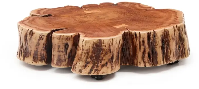 Журнальный столик Tavine из массива акации с выбеленной отделкой, с колесами Ø85 см