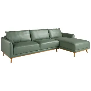 Угловой диван с правым шезлонгом 6199/5607-R-M5677 из зеленой кожи