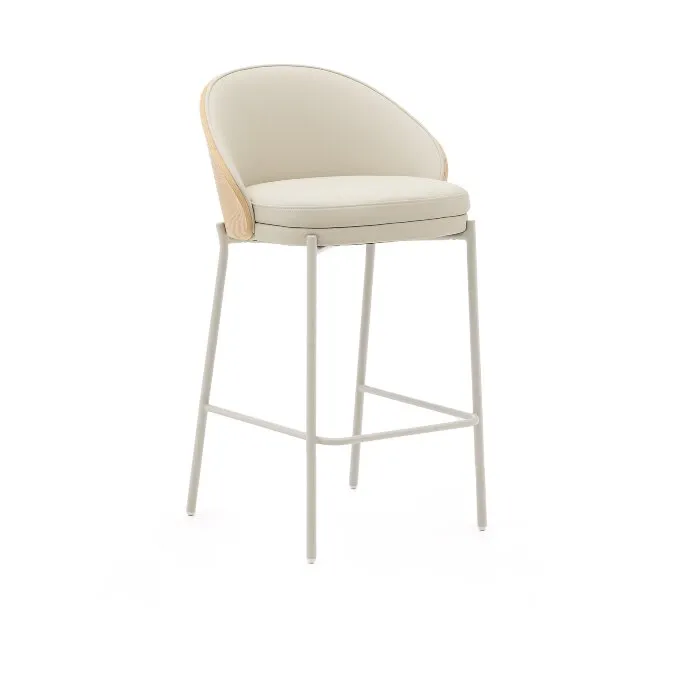 Стул полубарный Eamy из бежевой экокожи, ясеневого шпона с натуральной отделкой и бежевого металла