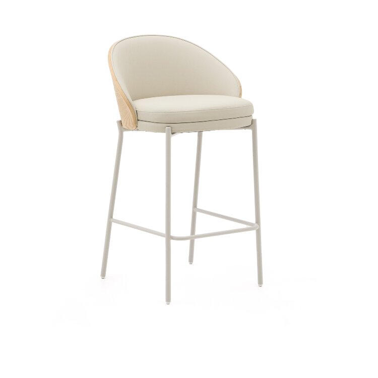 Стул полубарный Eamy из бежевой экокожи, ясеневого шпона с натуральной отделкой и бежевого металла