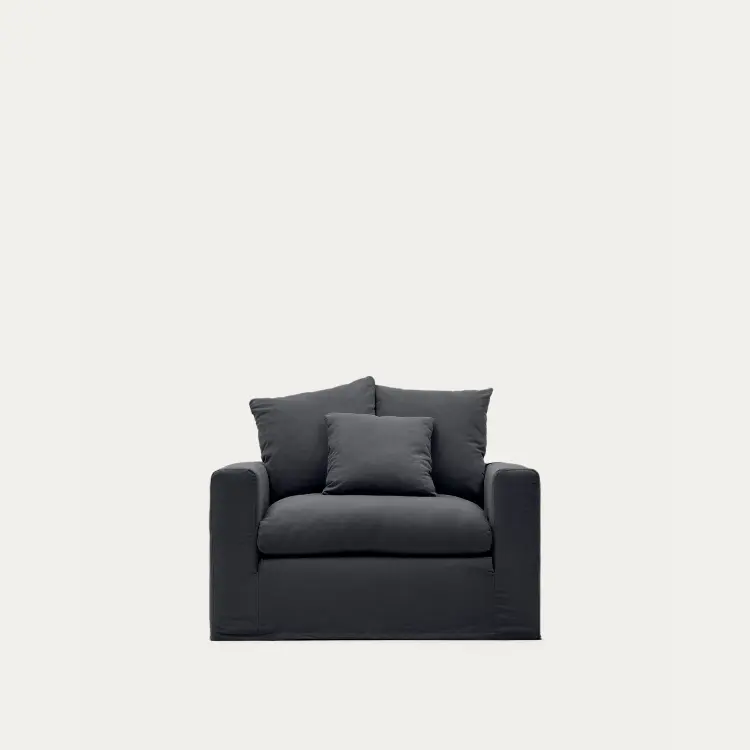 Кресло Nora со съемным чехлом серо-антрацитовое из льна и хлопка