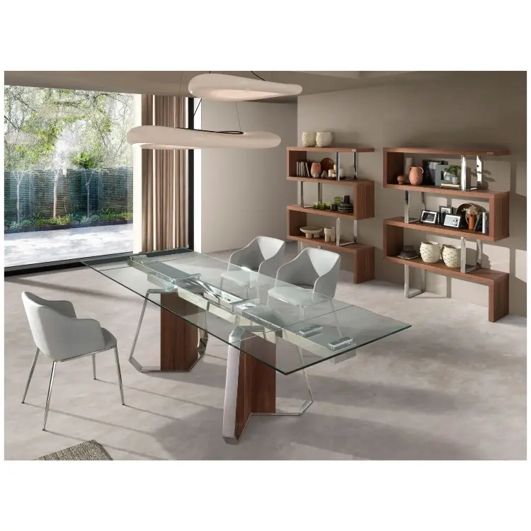 Раздвижной обеденный стол 1159 из стекла, ореха и хромированной стали
