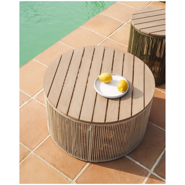 Уличчный столик Dandara из стали, веревки цвета экрю и массива акации Ø60 см