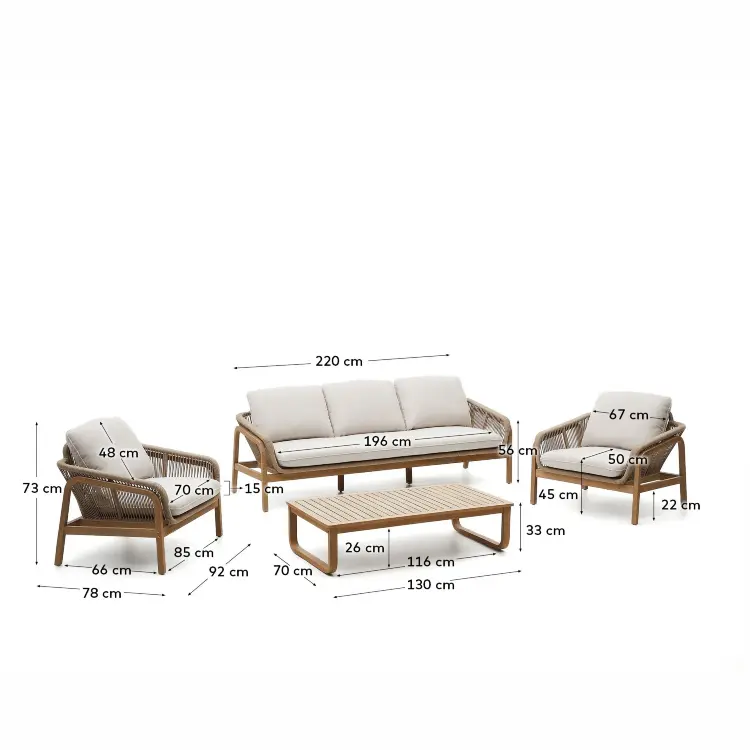 Комплект Vellana: 3-местный диван, 2 кресла и журнальный столик из 100% массива акации